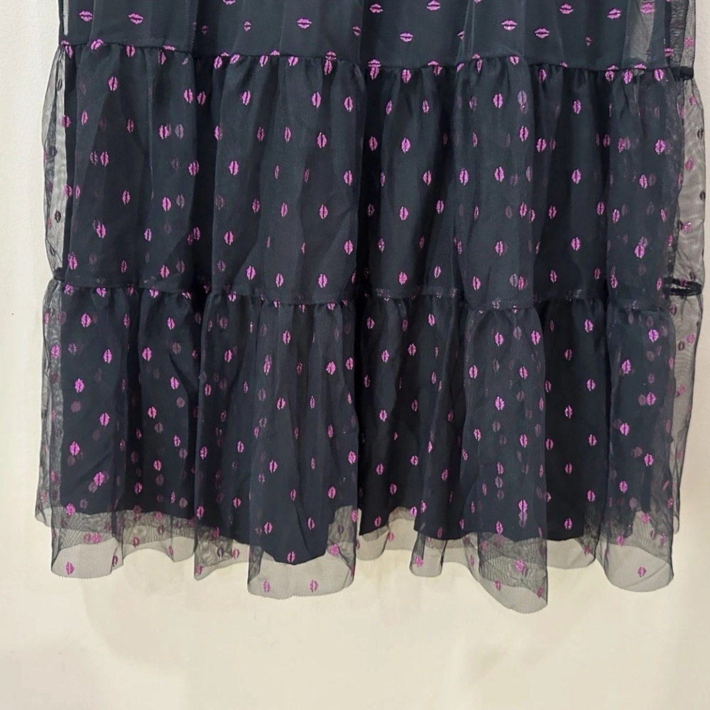 NWT Betsey Johnson Midi Dress Women 10 Black Foil Lip Print Tulle Bustier - Picture 6 of 8
